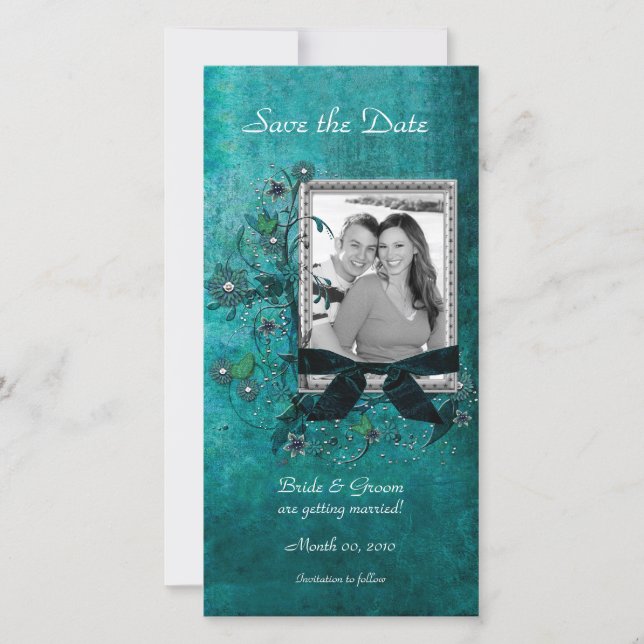 Elegant Teal Floral Save the Date Photo Cards (Front)