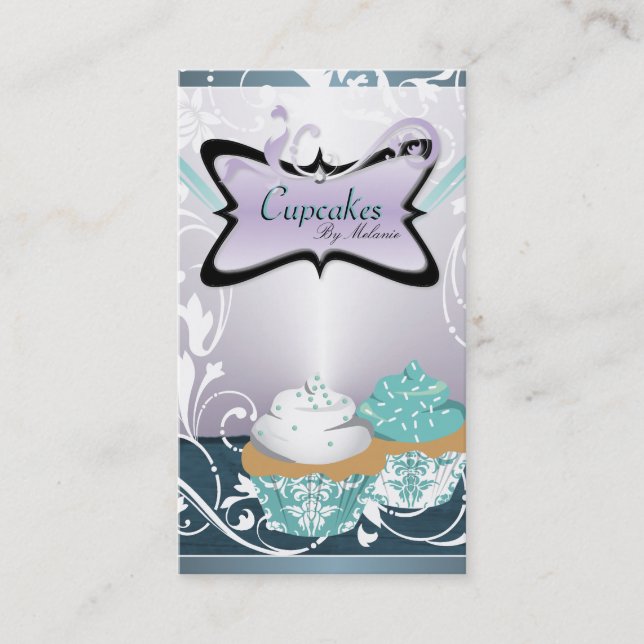 Elegant Teal Floral Swirl Cupcake Business Card (Front)