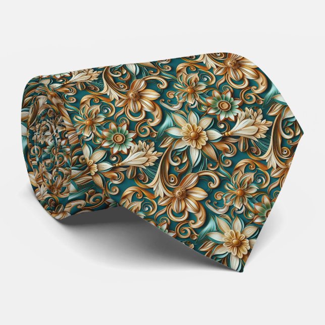 Elegant teal floral tiled pattern  neck tie (Rolled)
