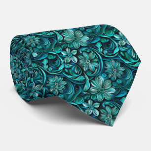 Elegant teal floral tiled pattern neck tie