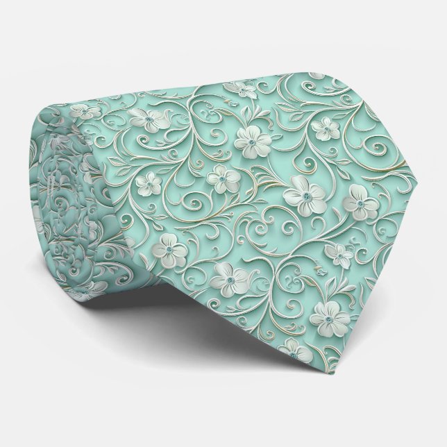 Elegant teal floral tiled pattern  neck tie (Rolled)