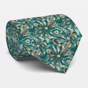 Elegant teal floral tiled pattern neck tie