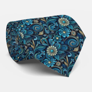 Elegant teal floral tiled pattern neck tie