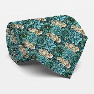 Elegant teal floral tiled pattern neck tie