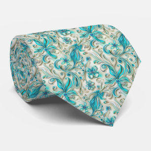Elegant teal floral tiled pattern neck tie