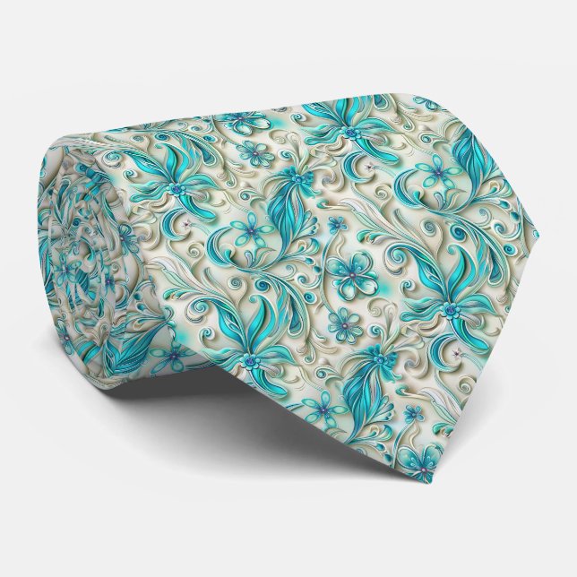Elegant teal floral tiled pattern  neck tie (Rolled)