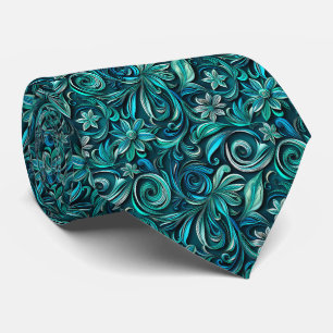 Elegant teal floral tiled pattern neck tie