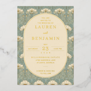 Elegant Teal Floral Vintage Foil Invitation