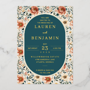 Elegant Teal Floral Wedding Invitation Foil Invitation