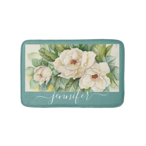 Elegant Teal Floral White Magnolia Flowers Name Bath Mat