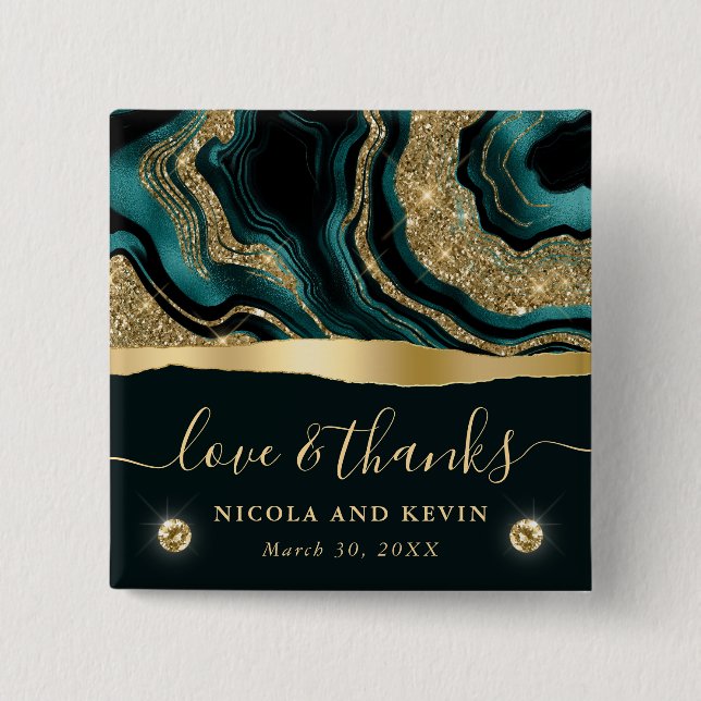 Elegant Teal Foil and Gold Glitter Agate Wedding Button (Front)