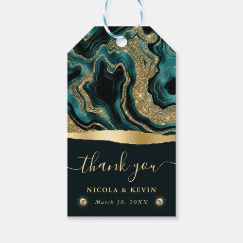Elegant Teal Foil and Gold Glitter Agate Wedding Gift Tags