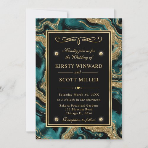 Elegant Teal Foil and Gold Glitter Agate Wedding Invitation