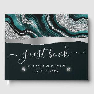Elegant Teal Foil and Silver Glitter Agate Wedding Guest Book