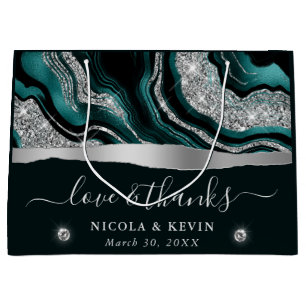 Elegant Teal Foil and Silver Glitter Agate Wedding Large Gift Bag