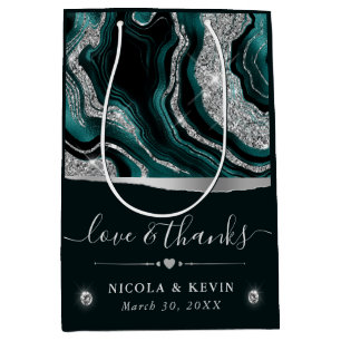 Elegant Teal Foil and Silver Glitter Agate Wedding Medium Gift Bag