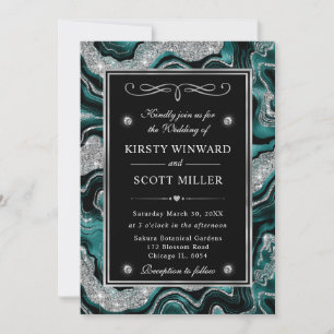 Elegant Teal Foil & Silver Glitter Agate Wedding Invitation