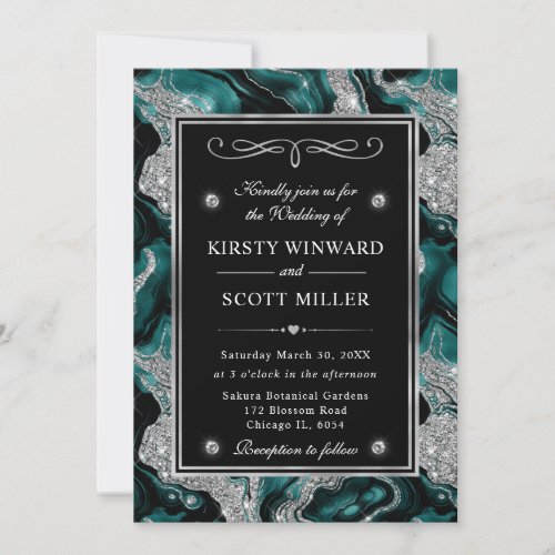 Elegant Teal Foil  Silver Glitter Agate Wedding Invitation