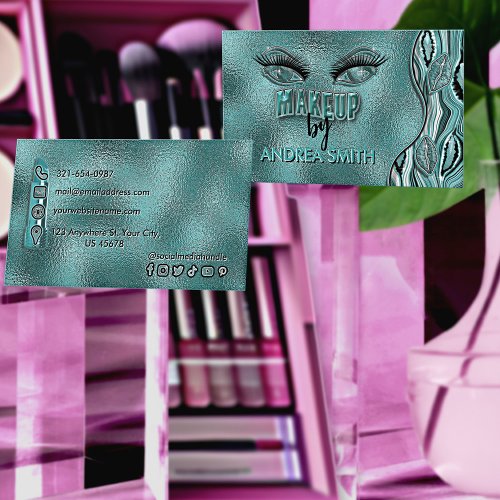 Elegant Teal Foil Wavy Agate Makeup Artist Shiny Business Card