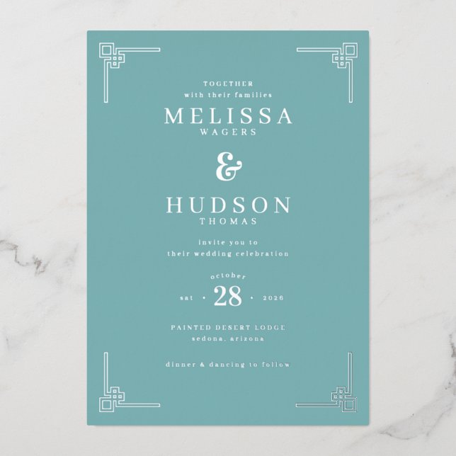Elegant Teal Geometric Wedding Invitation Foil Invitation (Front)