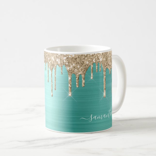 Elegant Teal Girly Glitter Drips Metallic Name Coffee Mug (Front Right)