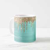 Elegant Teal Girly Glitter Drips Metallic Name Coffee Mug (Front Left)