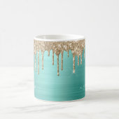 Elegant Teal Girly Glitter Drips Metallic Name Coffee Mug (Center)