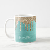 Elegant Teal Girly Glitter Drips Metallic Name Coffee Mug (Left)