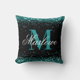 Elegant Teal Glitter Black Monogram Throw Pillow