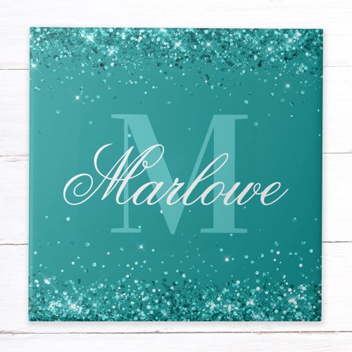 Elegant Teal Glitter Blue Green Monogram Ceramic Tile