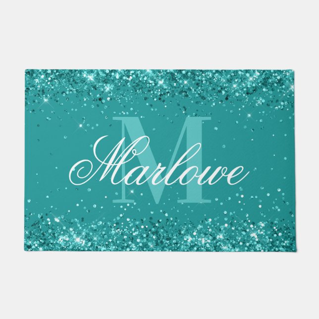 Elegant Teal Glitter Blue Green Monogram Doormat (Front)