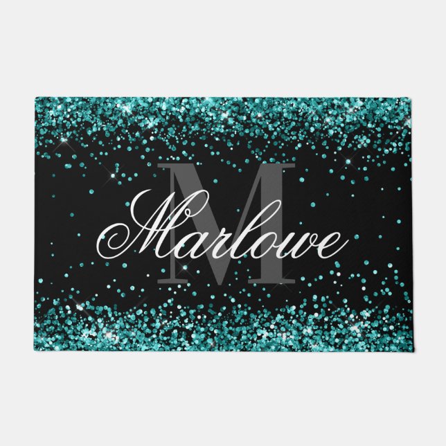 Elegant Teal Glitter Blue Green Monogram Doormat (Front)