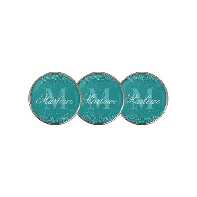 Elegant Teal Glitter Blue Green Monogram Golf Ball Marker (3 Up)