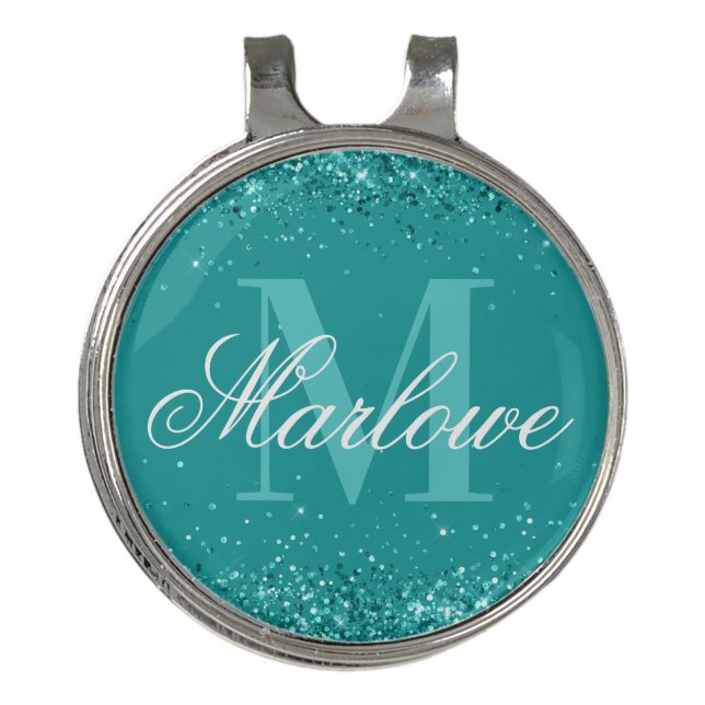 Elegant Teal Glitter Blue Green Monogram Golf Hat Clip (Front)