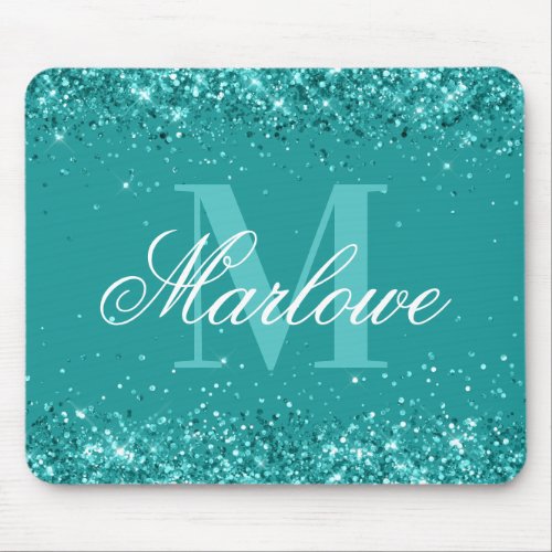 Elegant Teal Glitter Blue Green Monogram Mouse Pad