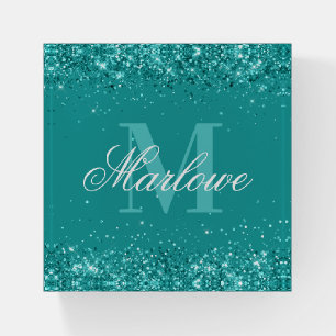 Elegant Teal Glitter Blue Green Monogram Paperweight