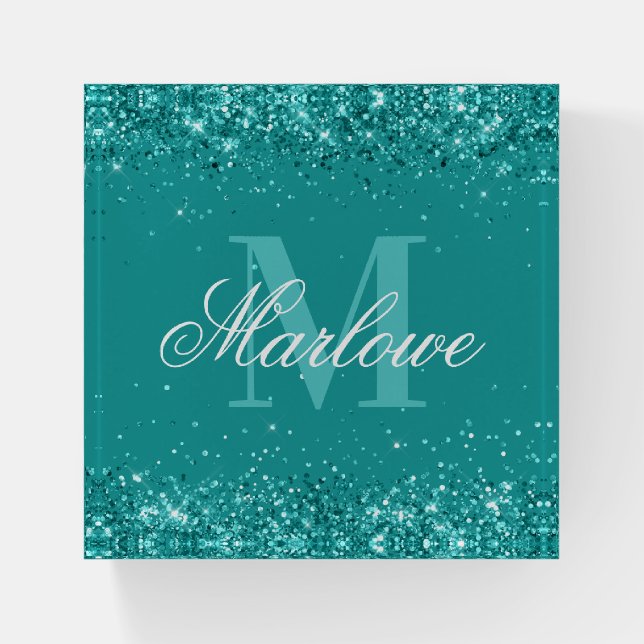 Elegant Teal Glitter Blue Green Monogram Paperweight (Front)