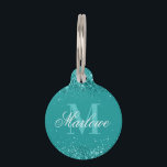 Elegant Teal Glitter Blue Green Monogram Pet ID Tag<br><div class="desc">Elegant Teal Glitter Blue Green and White Monogram pet id tag with a customizable calligraphy script name and bold monogram template.  A cute pet identification tag for both cats and dogs.</div>