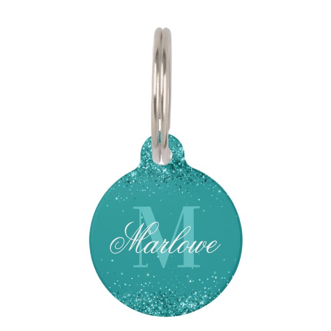 Elegant Teal Glitter Blue Green Monogram Pet ID Tag (Front)