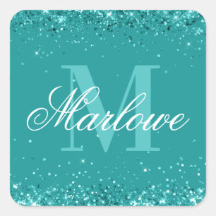 Elegant Teal Glitter Blue Green Monogram Square Sticker