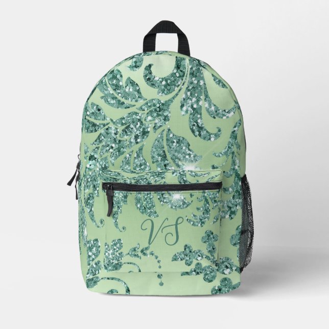 Elegant Teal Glitter Brocade Vintage Pattern  Printed Backpack (Front)