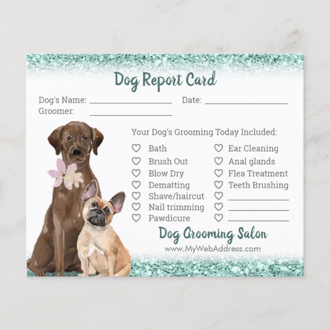 Elegant Teal Glitter Dog Grooming Report Card Flyer (Front)