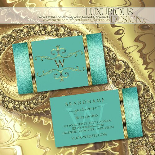 Elegant Teal Glitter Gold Border Ornate Monogram Business Card
