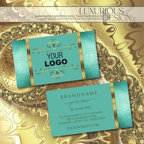 Elegant Teal Glitter Gold Border Ornate with Logo Business Card