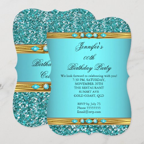 Elegant Teal Glitter Gold Diamond Birthday Party 2 5x7 Paper Invitation Card