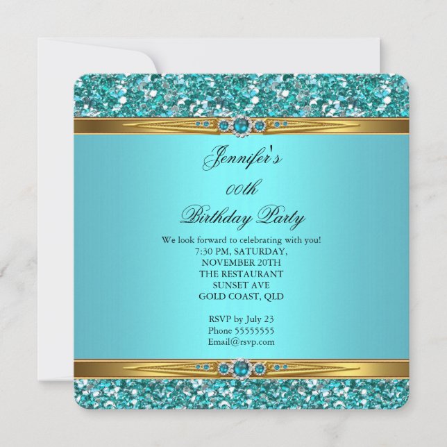 Elegant Teal Glitter Gold Diamond Pearl Birthday Invitation (Front)