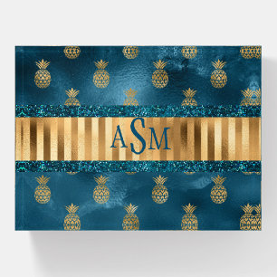 Elegant Teal Glitter Metallic Pineapples Monogram Paperweight