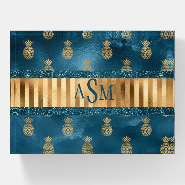 Elegant Teal Glitter Metallic Pineapples Monogram Paperweight (Front)