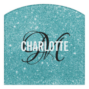 Elegant teal glitter monogram name door sign