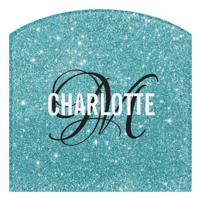 Elegant teal glitter monogram name door sign (Contour Front)